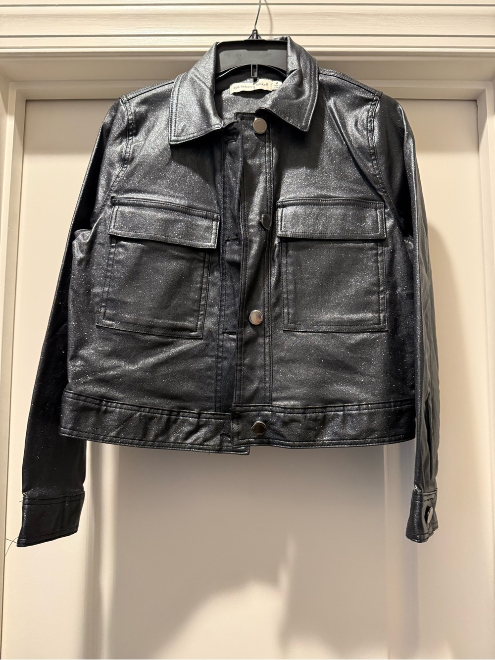 Rebecca Minkoff Black Sparkle Faux Leather Trucker Jacket